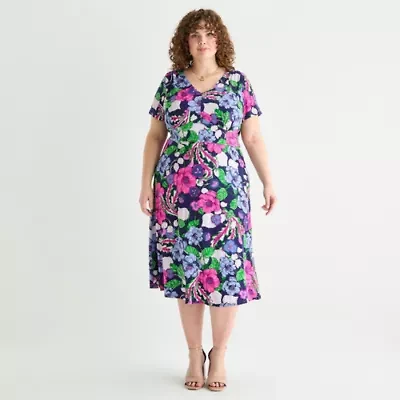 Perceptions Womens Short Sleeve Floral Midi Plus Fit + Flare Dress