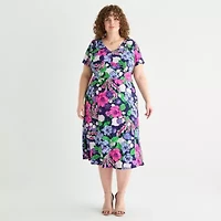 Perceptions Womens Short Sleeve Floral Midi Plus Fit + Flare Dress