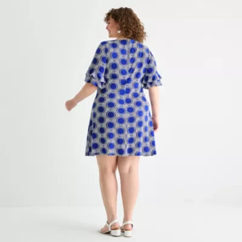 Perceptions Womens Short Sleeve Geometric Plus Shift Dress