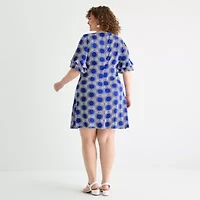 Perceptions Womens Short Sleeve Geometric Plus Shift Dress