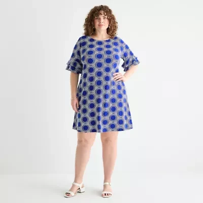 Perceptions Womens Short Sleeve Geometric Shift Dress Plus