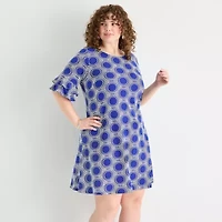 Perceptions Womens Short Sleeve Geometric Plus Shift Dress