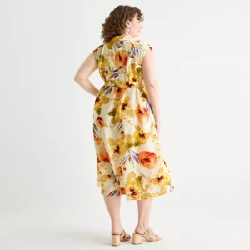 Rabbit Design Womens Sleeveless Floral Plus Fit + Flare Dress