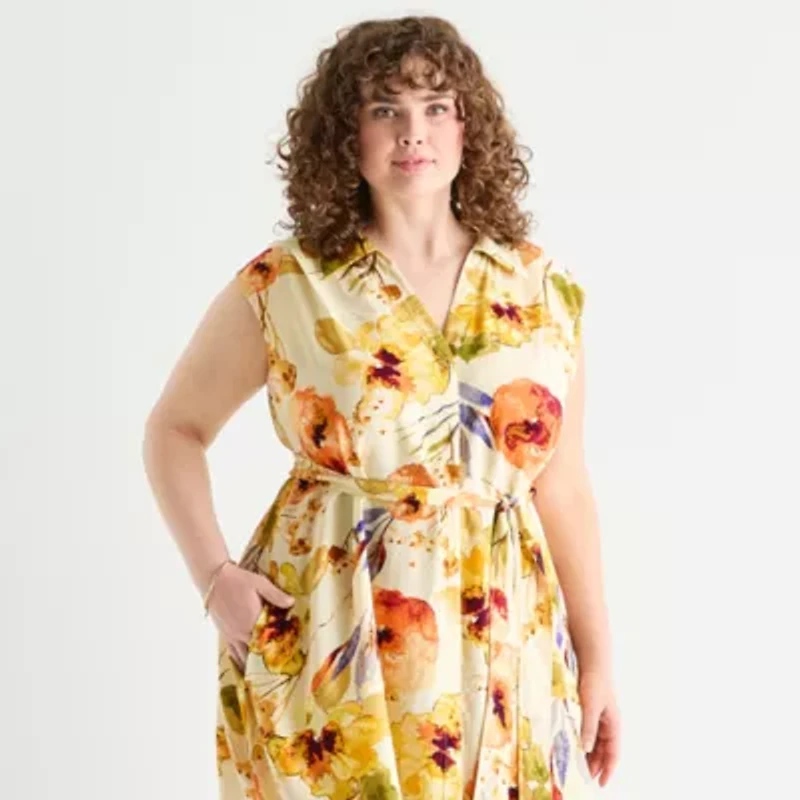 Rabbit Design Womens Sleeveless Floral Plus Fit + Flare Dress