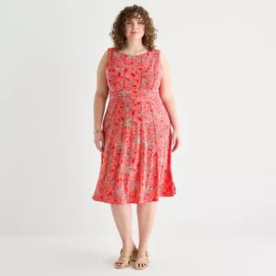Perceptions Womens Sleeveless Floral Midi Plus Fit + Flare Dress