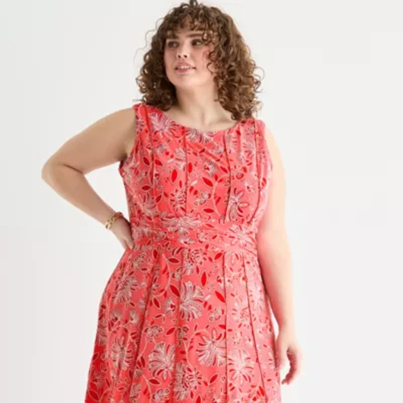 Perceptions Womens Sleeveless Floral Midi Plus Fit + Flare Dress