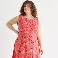 Perceptions Womens Sleeveless Floral Midi Plus Fit + Flare Dress