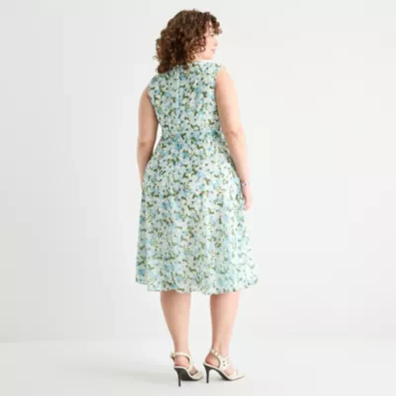 Perceptions Womens Plus Midi Round Neck Sleeveless Floral Fit + Flare Dress