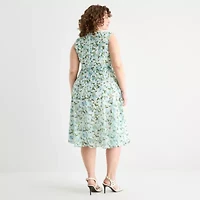 Perceptions Womens Plus Midi Round Neck Sleeveless Floral Fit + Flare Dress