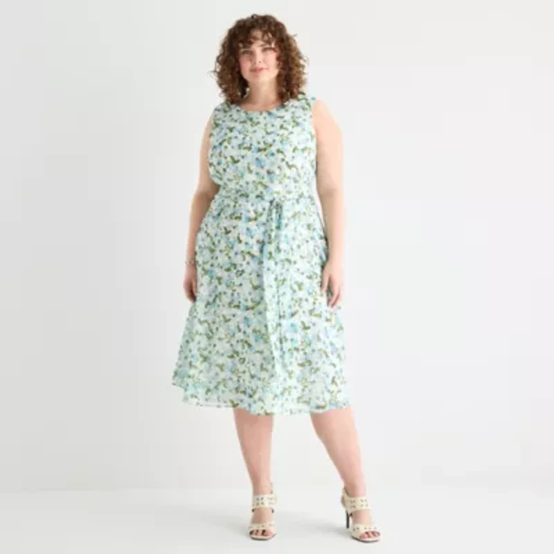Perceptions Womens Sleeveless Floral Midi Plus Fit + Flare Dress