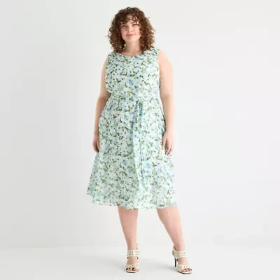 Perceptions Womens Sleeveless Floral Midi Fit + Flare Dress Plus