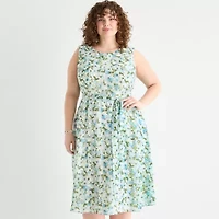 Perceptions Womens Plus Midi Round Neck Sleeveless Floral Fit + Flare Dress