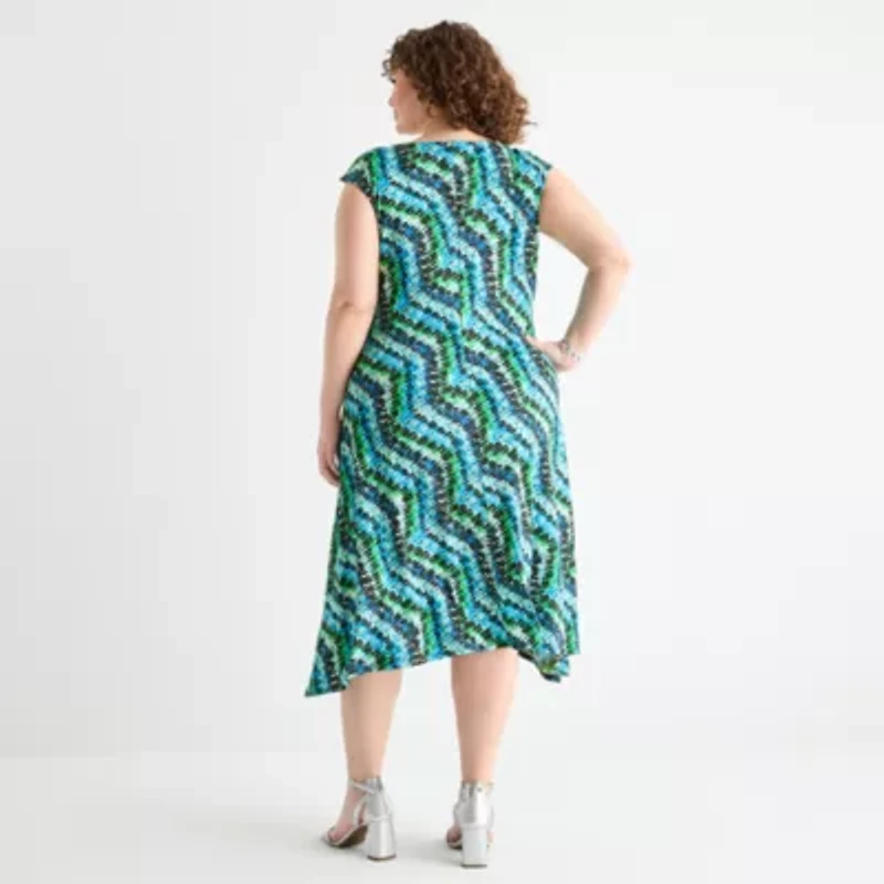 Perceptions Womens Sleeveless Chevron Midi Plus Fit + Flare Dress