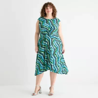 Perceptions Womens Plus Sleeveless Chevron Midi Fit + Flare Dress