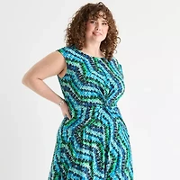 Perceptions Womens Sleeveless Chevron Midi Plus Fit + Flare Dress