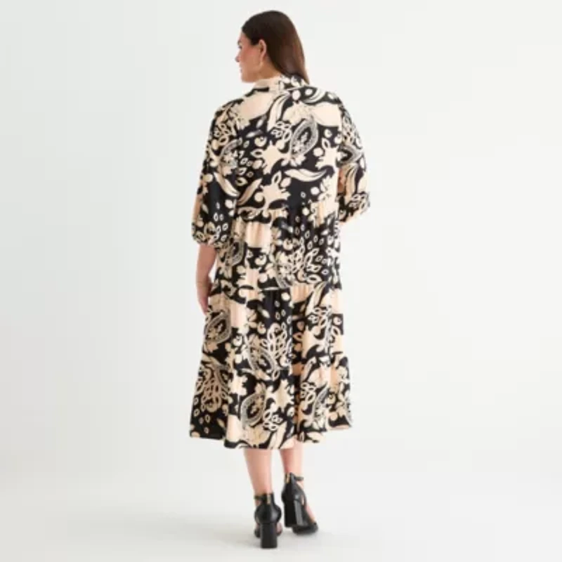 52seven Womens 3/4 Sleeve Midi Floral Plus Shift Dress