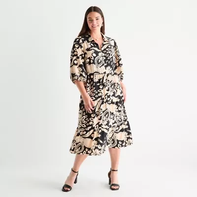52seven Womens 3/4 Sleeve Floral Midi Shift Dress Plus
