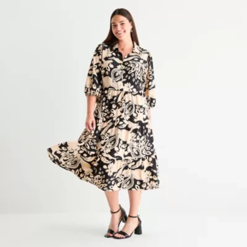 52seven Womens 3/4 Sleeve Midi Floral Plus Shift Dress