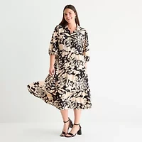 52seven Womens 3/4 Sleeve Floral Midi Shift Dress Plus