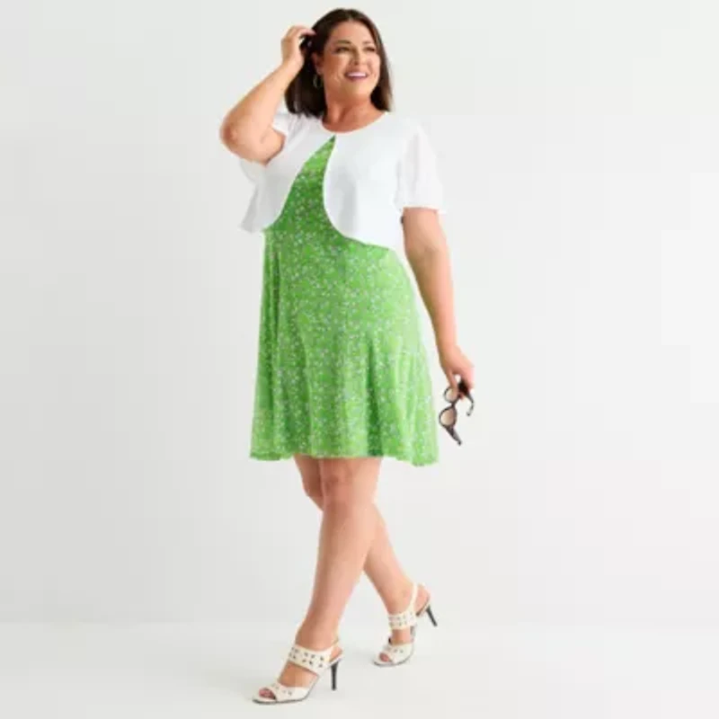 Perceptions Womens Floral Jacket Dress Plus