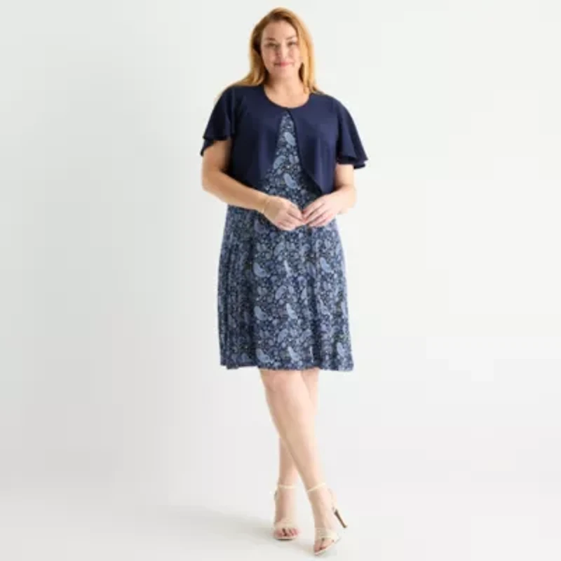 Perceptions Womens Floral Jacket Dress Plus