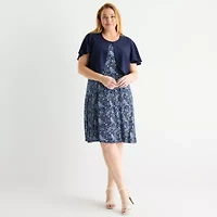 Perceptions Womens Floral Jacket Dress Plus