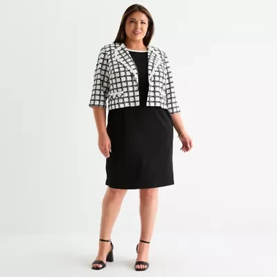 Maya Brooke Womens Plaid Jacket Dress Plus