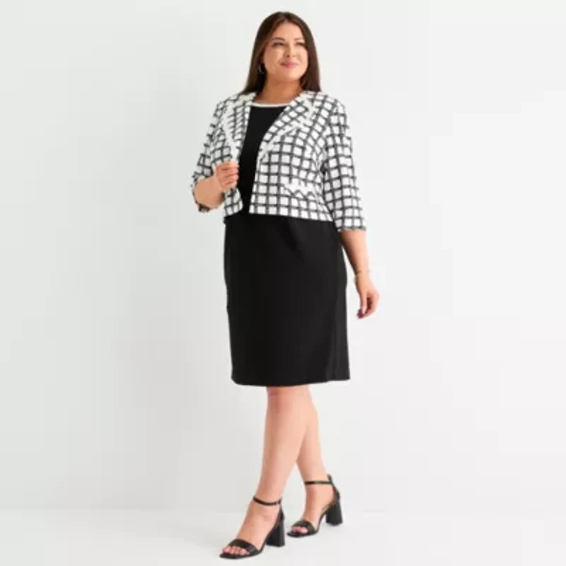 Maya Brooke Womens Plaid Jacket Dress Plus