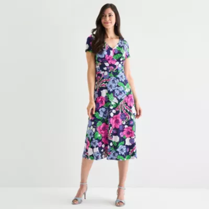 Perceptions Womens Short Sleeve Floral Midi Fit + Flare Dress