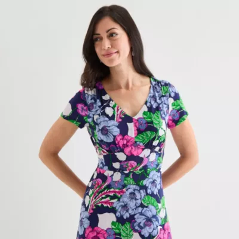 Perceptions Womens Short Sleeve Floral Midi Fit + Flare Dress