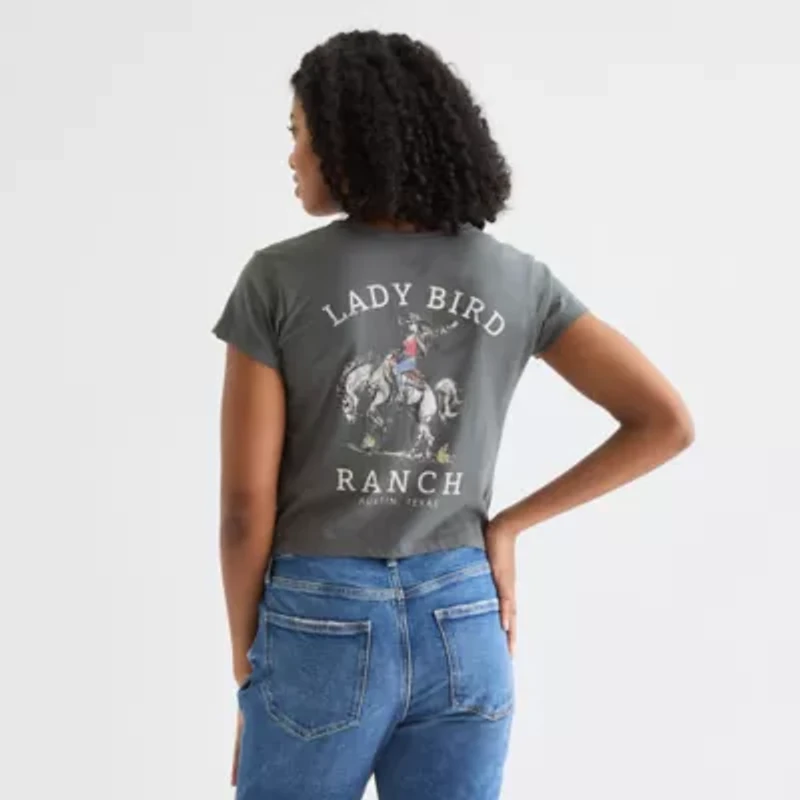 Arizona Womens Crew Neck Short Sleeve Juniors Graphic T-Shirt