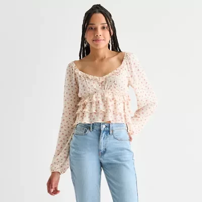 Arizona Womens Juniors U Neck Long Sleeve Blouse