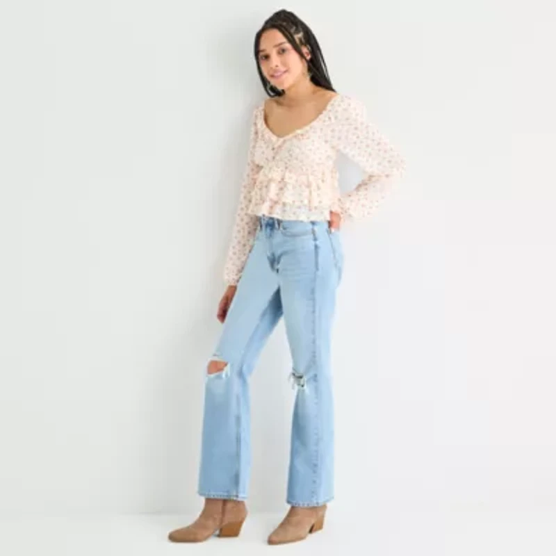 Arizona Womens Juniors U Neck Long Sleeve Blouse