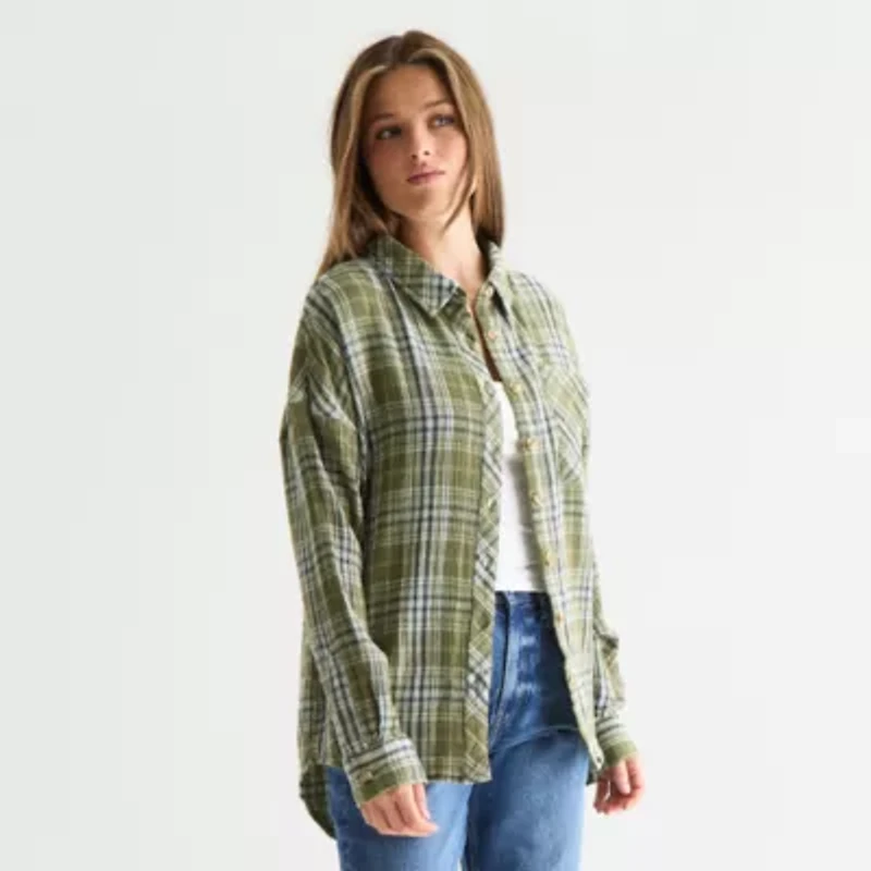 Arizona Womens Long Sleeve Oversized Juniors Button-Down Shirt