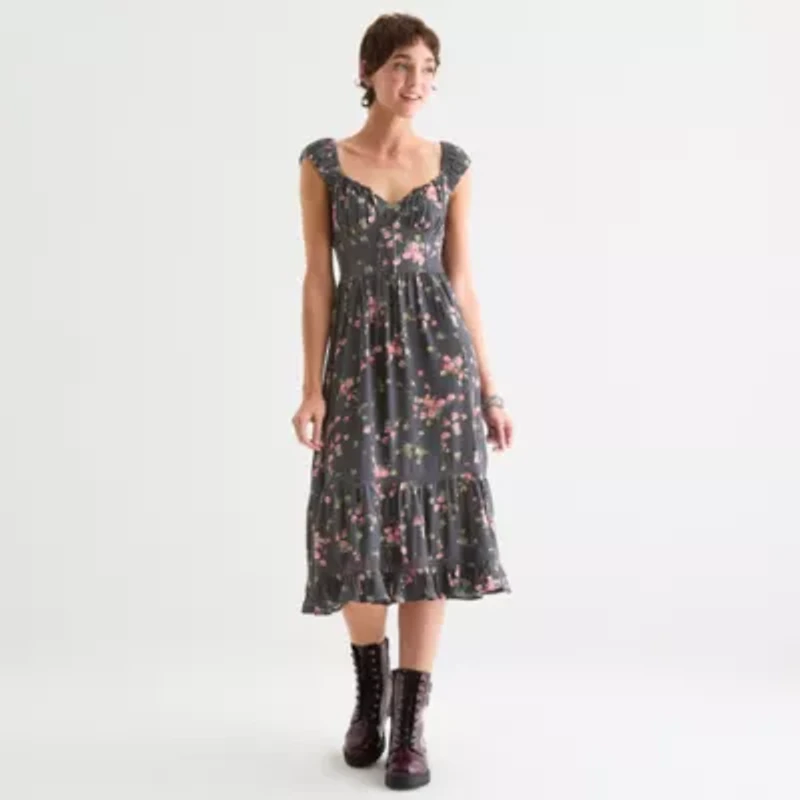 Arizona Womens Sleeveless Floral Midi Peasant Dress Juniors