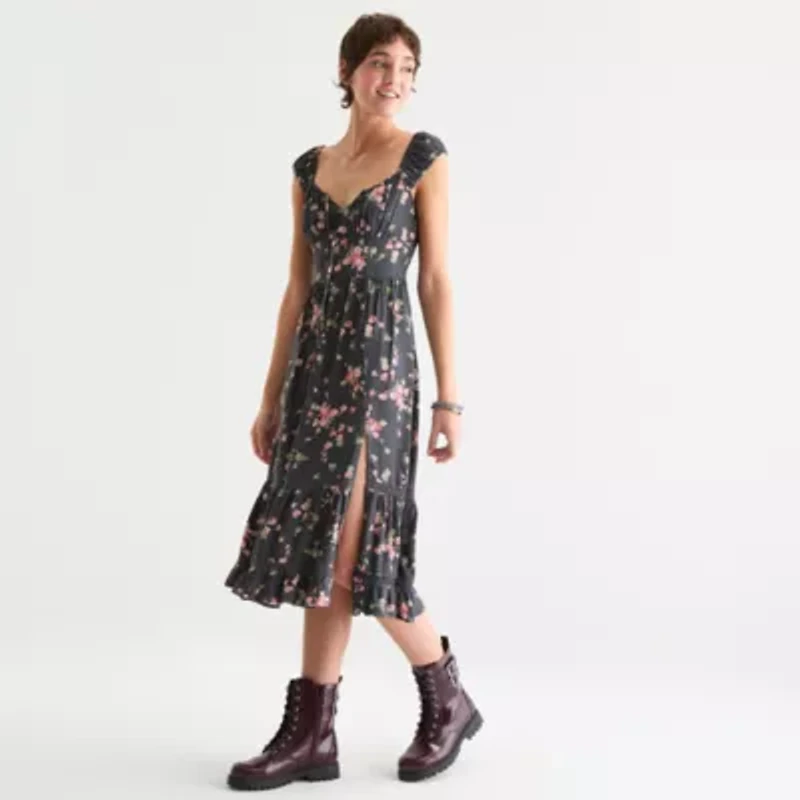 Arizona Womens Sleeveless Floral Midi Peasant Dress Juniors