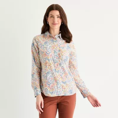 St. John's Bay Womens Easy-on + Easy-off Hidden Access Opening Cuffed Long Sleeve Regular Fit Button-Down Shirt