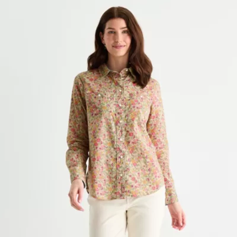 St. John's Bay Womens Easy-on + Easy-off Hidden Access Opening Cuffed Long Sleeve Regular Fit Button-Down Shirt