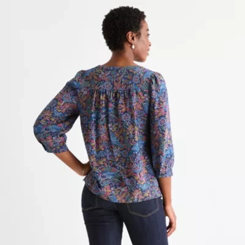 St. John's Bay Womens Split Crew Neck 3/4 Sleeve Blouse