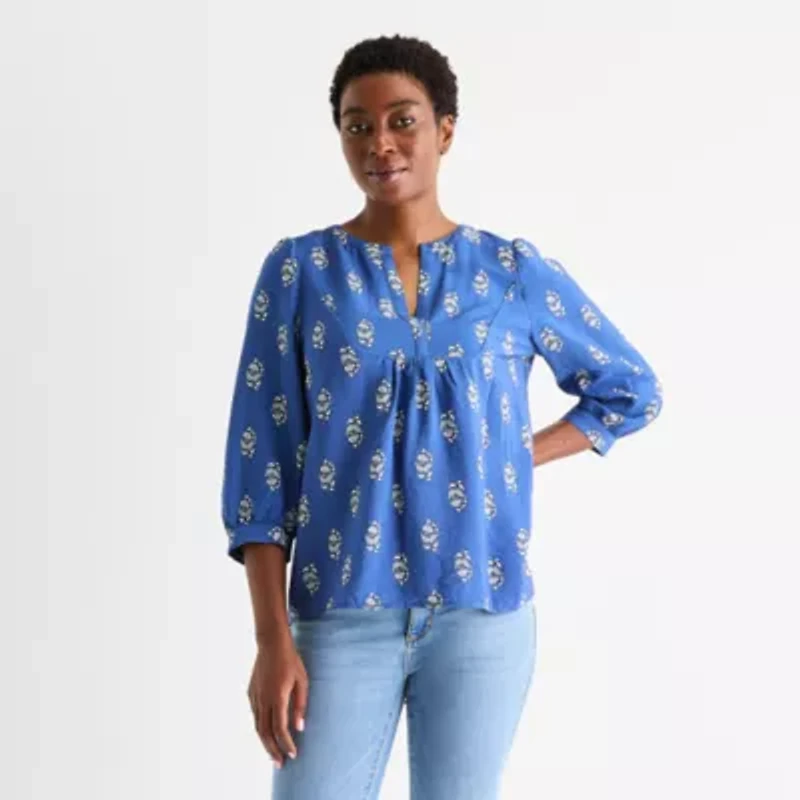 St. John's Bay Womens Split Crew Neck 3/4 Sleeve Blouse