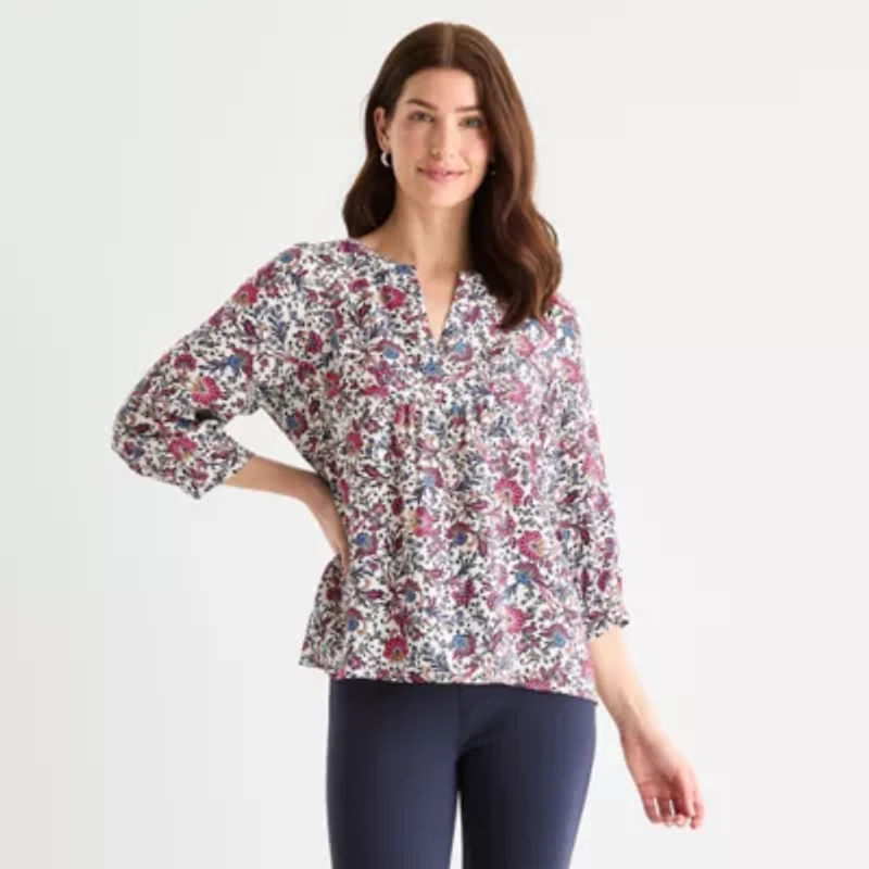 St. John's Bay Womens Split Crew Neck 3/4 Sleeve Blouse
