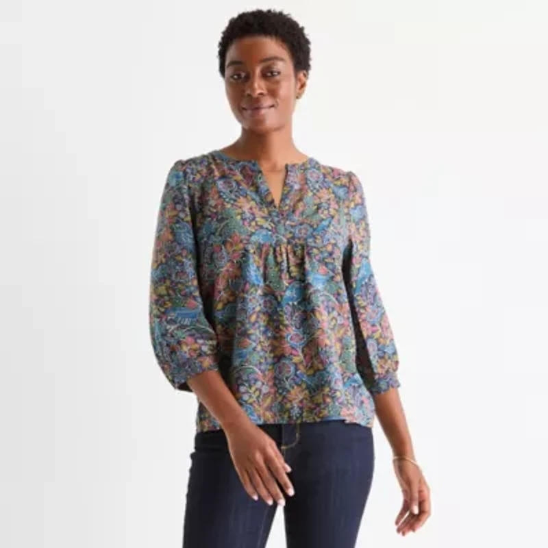 St. John's Bay Womens Split Crew Neck 3/4 Sleeve Blouse