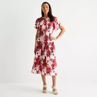 Liz Claiborne Womens Short Sleeve Midi Floral A-Line Dress