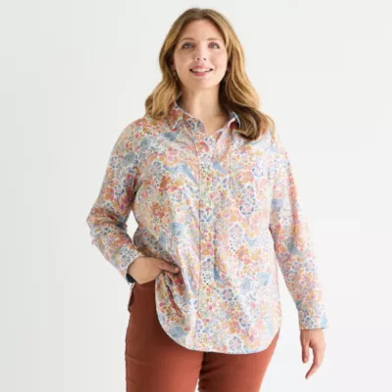 St. John's Bay Womens Easy-on + Easy-off Hidden Access Opening Long Sleeve Fitted Regular Fit Plus Button-Down Shirt