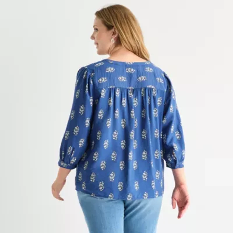 St. John's Bay Womens Split Crew Neck 3/4 Sleeve Plus Blouse