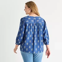 St. John's Bay Womens Split Crew Neck 3/4 Sleeve Plus Blouse