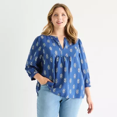 St. John's Bay Womens Split Crew Neck 3/4 Sleeve Plus Blouse