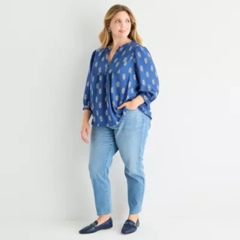 St. John's Bay Womens Split Crew Neck 3/4 Sleeve Plus Blouse