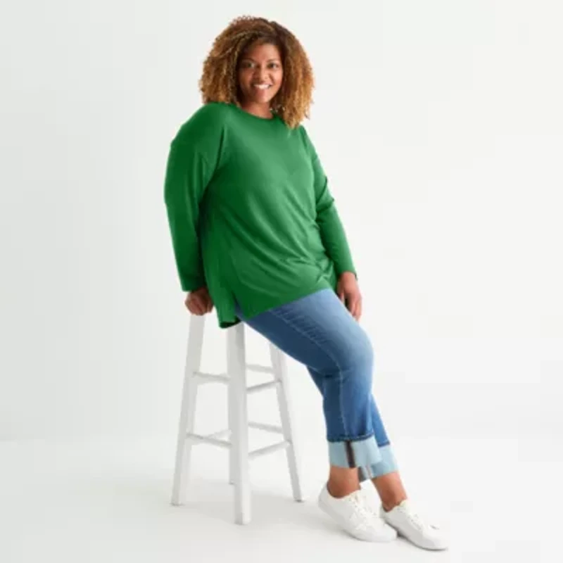 St. John's Bay Plus Womens Crew Neck Long Sleeve Tunic Top