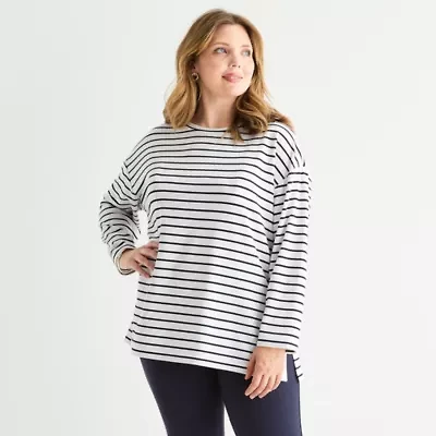 St. John's Bay Plus Womens Crew Neck Long Sleeve Tunic Top